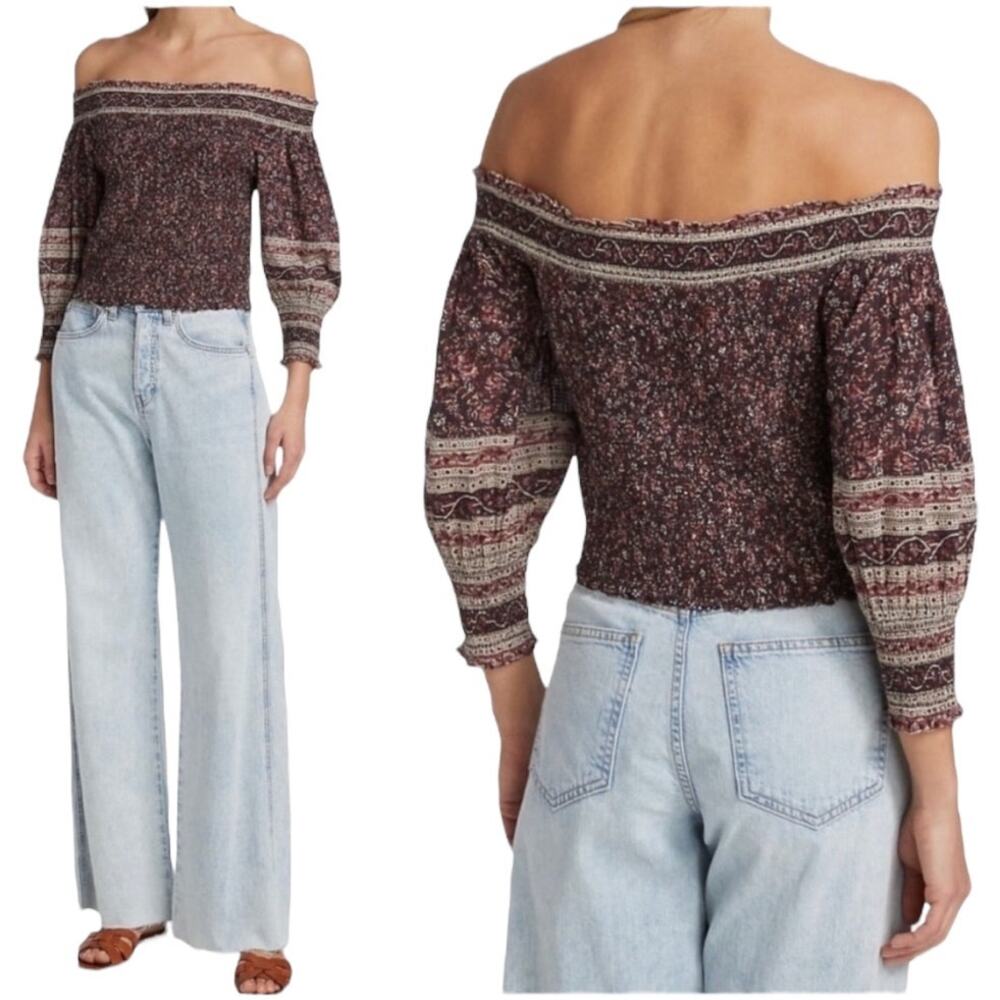 Veronica Beard NWT Rosalinda Smocked Off The Shoulder Top Size M 3/4 Sleeve